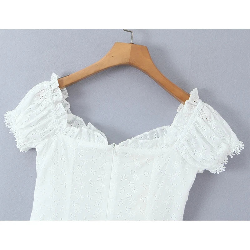 Front Lace Up Floral Embroidery White Sexy Off Shoulder Dresses