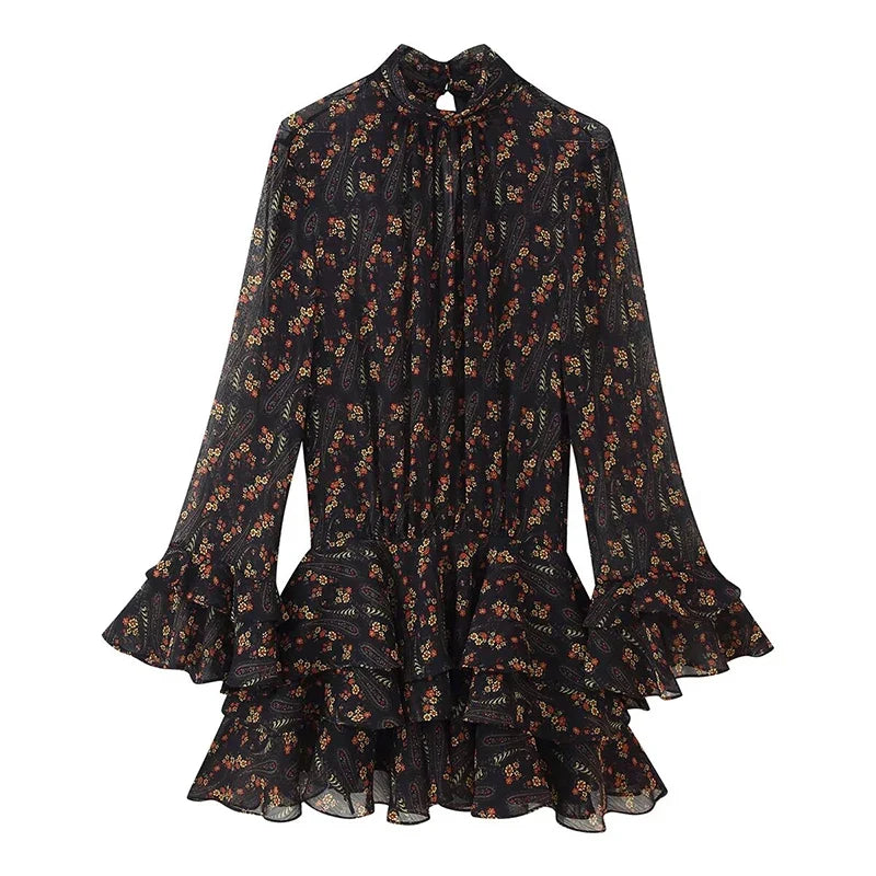 Spring Autumn Long Sleeve High Neck Floral Print Mini Dresses Female Vestidos