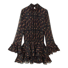 Spring Autumn Long Sleeve High Neck Floral Print Mini Dresses Female Vestidos