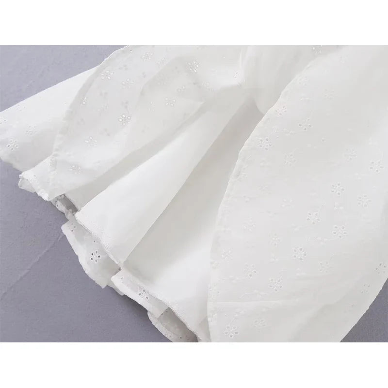 Hollow Out Embroidery White Mini Dresses Ruffle Trim V Neck Sleeveless Casual Summer Vacation Party Dress