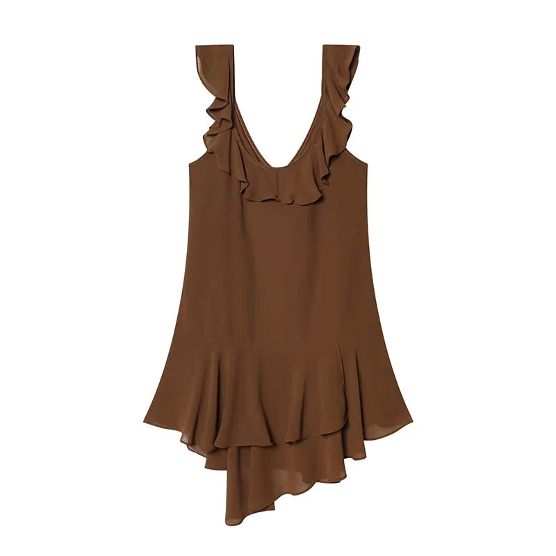 Summer Brown Ruffle Short Dresses