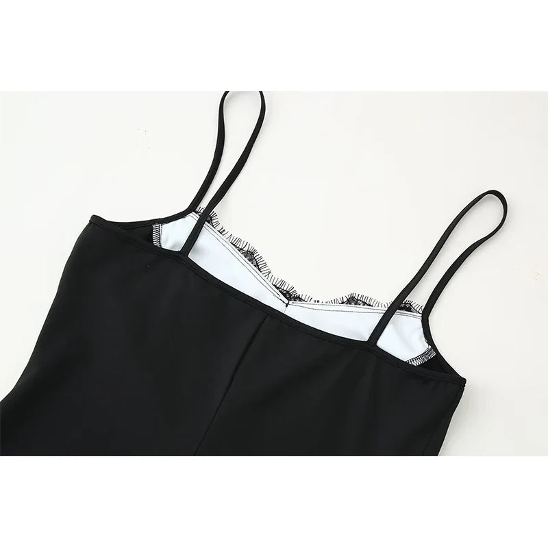 Spaghetti Straps Lace Patchwork Black Mini Sexy Dresses