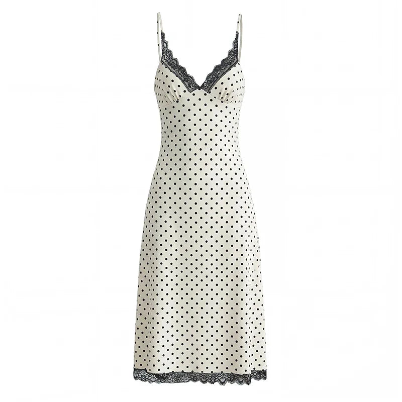Sexy Backless Lace Trim V Neck Polka Dot Sling Dresses