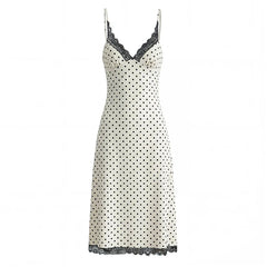 Sexy Backless Lace Trim V Neck Polka Dot Sling Dresses