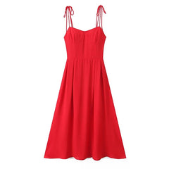 French Style Retro Red Sling Midi Long Dresses Sexy Backless V Neck A-line Holiday Summer Dresses Party Robe