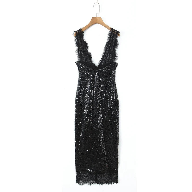 Deep V Neck Sequin Tank Long Sexy Dresses