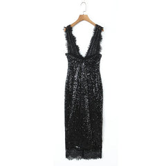 Deep V Neck Sequin Tank Long Sexy Dresses