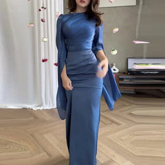 Elegant Batwing Sleeves High Waist Pleats Long Dresses