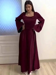 Elegant Square Collar Long Sleeved Bandage Waist Studded Diamond Dresses