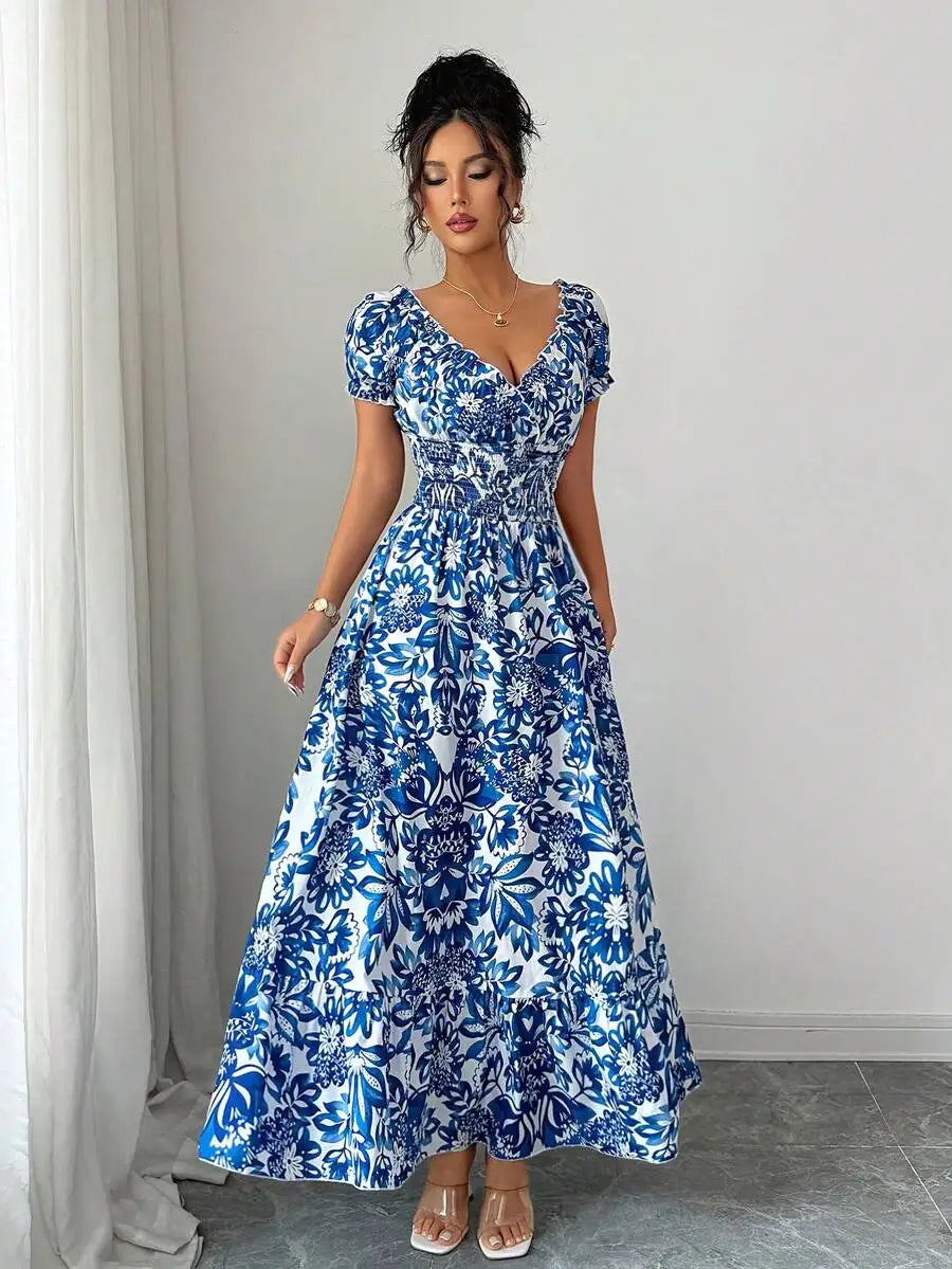 Elegant Charming Long Dress, Lightweight Woven Floral Puff Sleeve Open Back Shirred Waist Slim Dresses