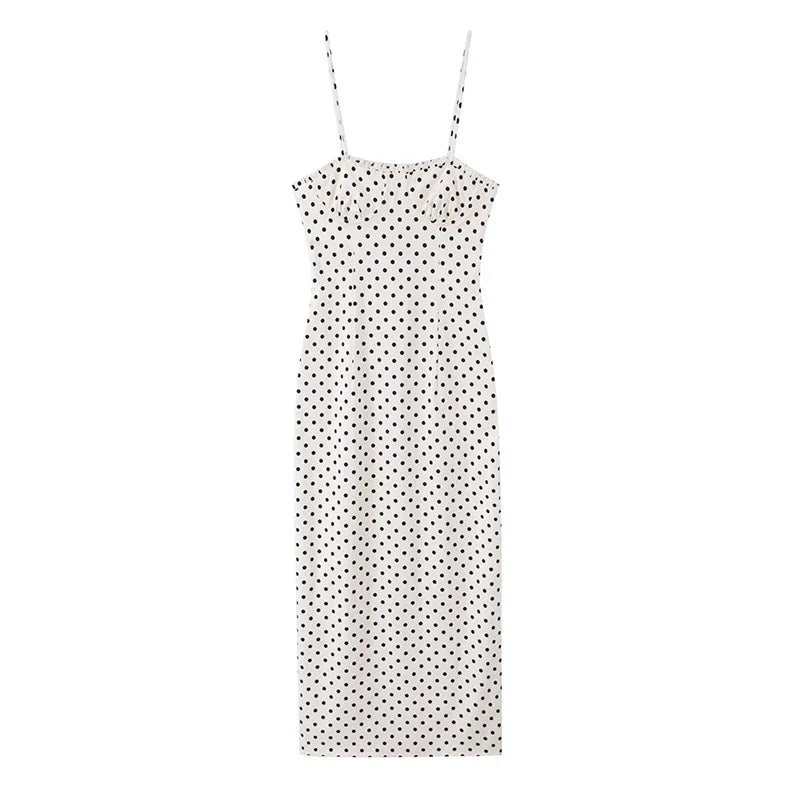 White Polka Dot Spaghetti Strap Midi Dresses