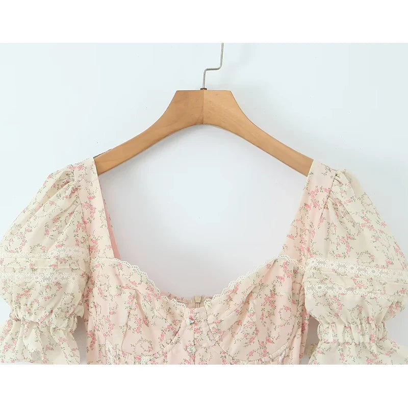 Summer Elegant Lace Spliced Floral Print Dresses Vintage Puff Sleeve Bow Sashes A-line Mini Dresses