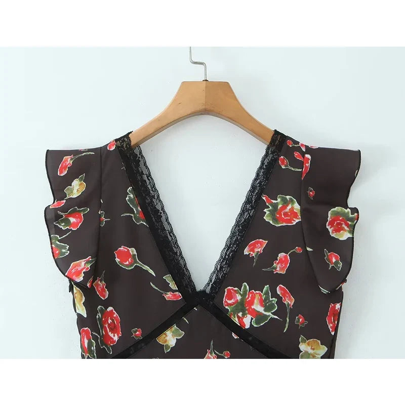 Romantic Lace Trim Floral Print Pencil Sexy Dresses