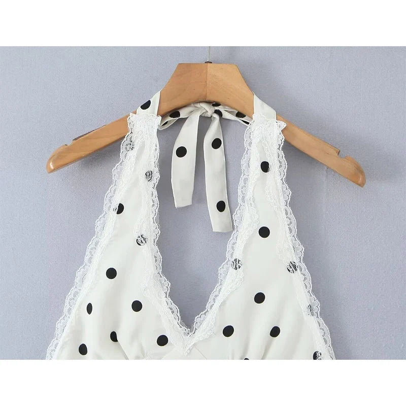 Lace Spliced Polka Dot Halter Dresses