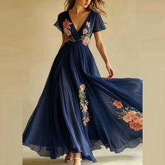 V-neck Floral Printed Chiffon Maxi Dresses