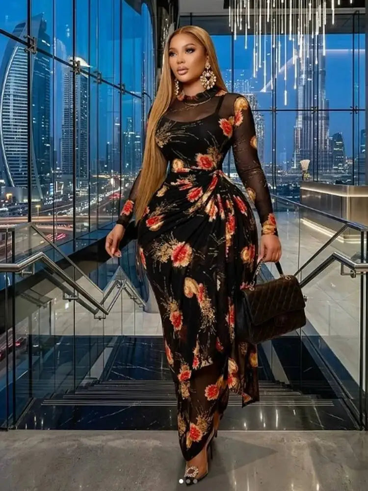 Print O-neck Ruched Ribbon Bodycon Long Maxi Dresses