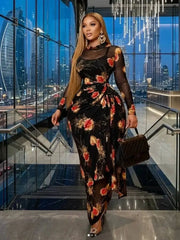 Print O-neck Ruched Ribbon Bodycon Long Maxi Dresses