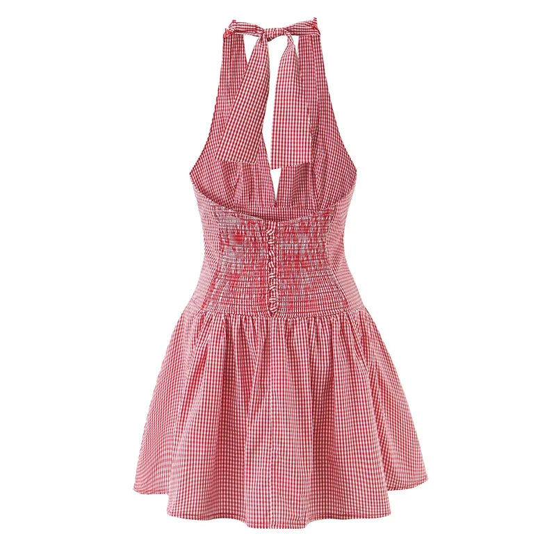 Sexy Backless Halter Red Plaid Dresses