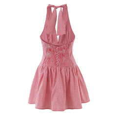 Sexy Backless Halter Red Plaid Dresses