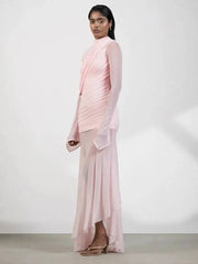spring and autumn high neck full sleeves fake two pieces mesh spliced pleated asymmetrical Dresses