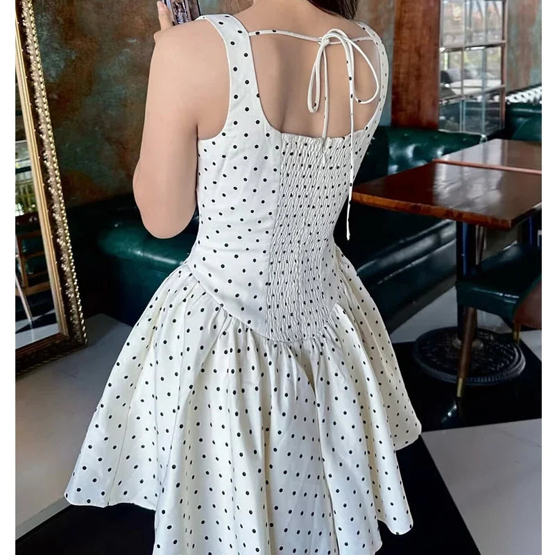 Sexy Spaghetti Straps Polka Dot White Mini Dresses