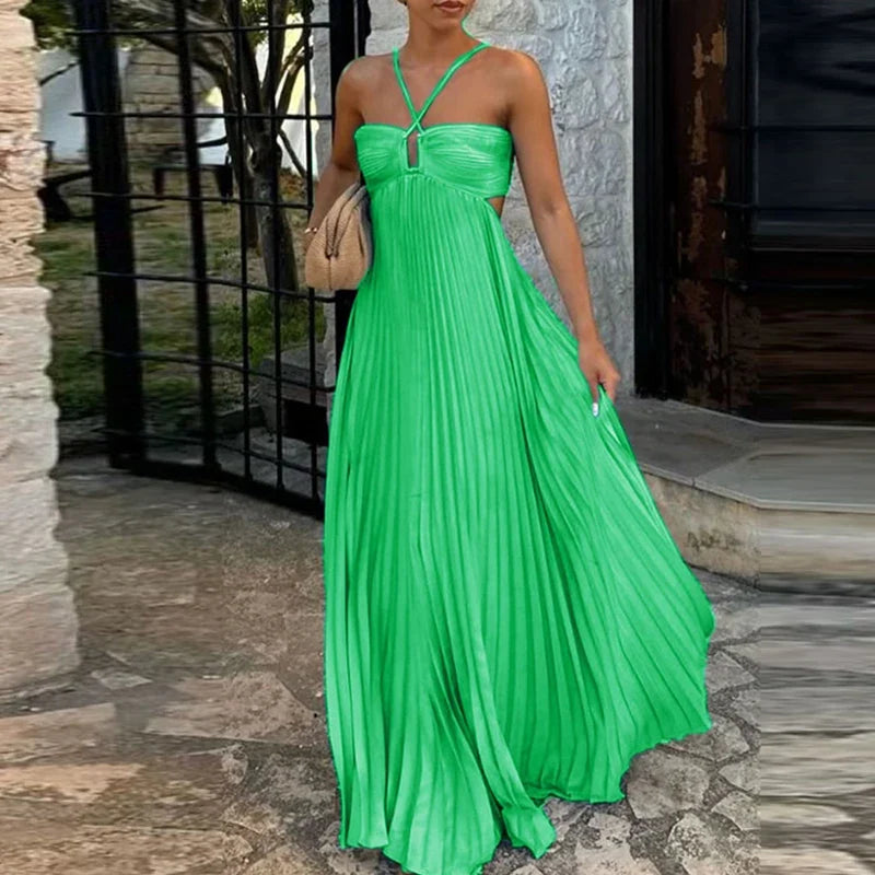 Blue High Waist Pleats Robe Dresses