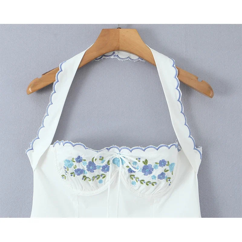 Sexy Backless Halter Embroidery White Dresses
