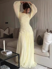 Autumn Summer Pleated Pullover Elegant Ruched Waist Glass Sand Long Sleeve Dress