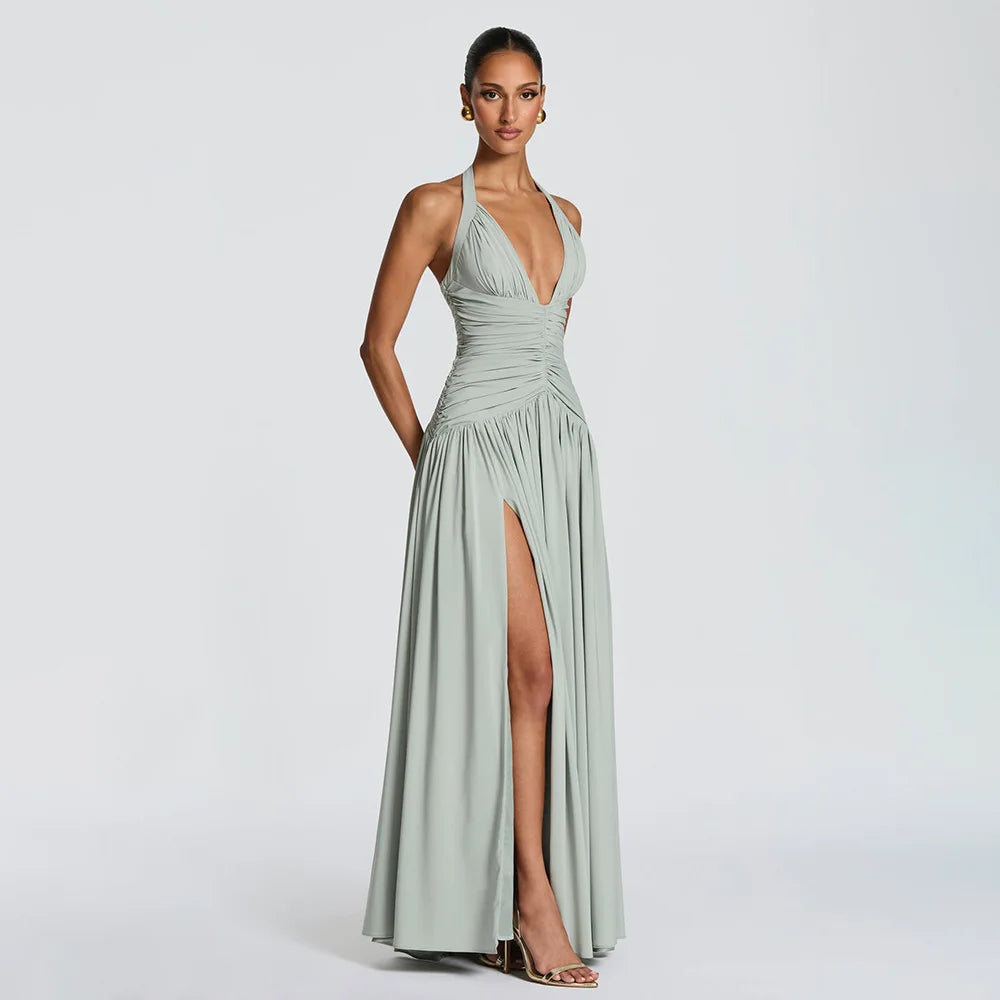 Temperament Hanging Neck Exposed Back Pleated Waist Slit Dresses