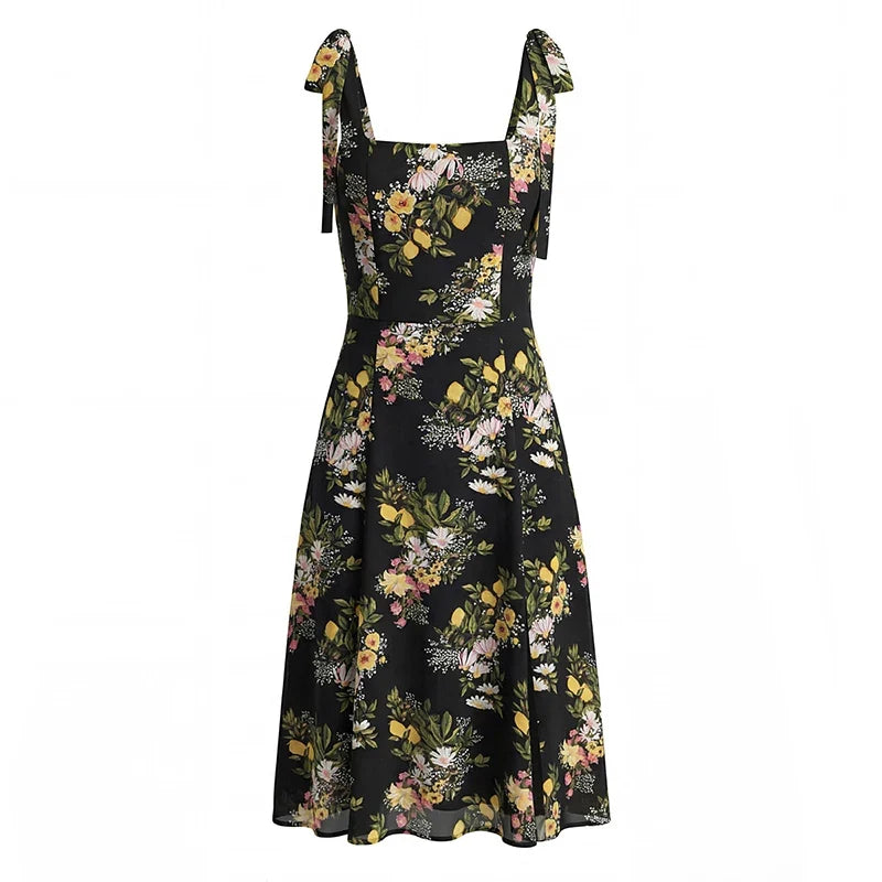 French Style Floral Print Sexy Slits Sling Dresses