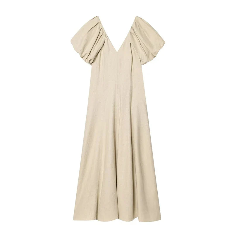 Summer Solid V Neck Puff Sleeve Midi Dresses