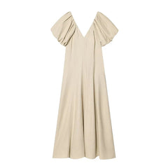Summer Solid V Neck Puff Sleeve Midi Dresses