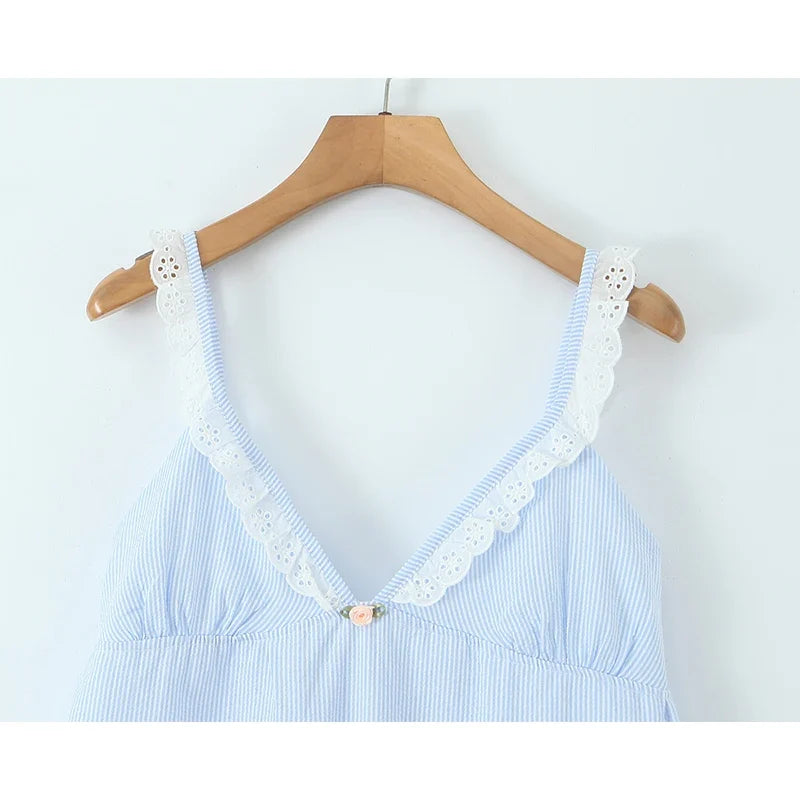 Sexy Spaghetti Straps Lace Spliced Blue Striped Dresses