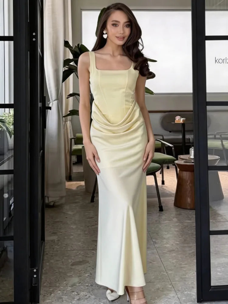Summer Square Neck Sleeveless Pleated Hip Hugging Dresses