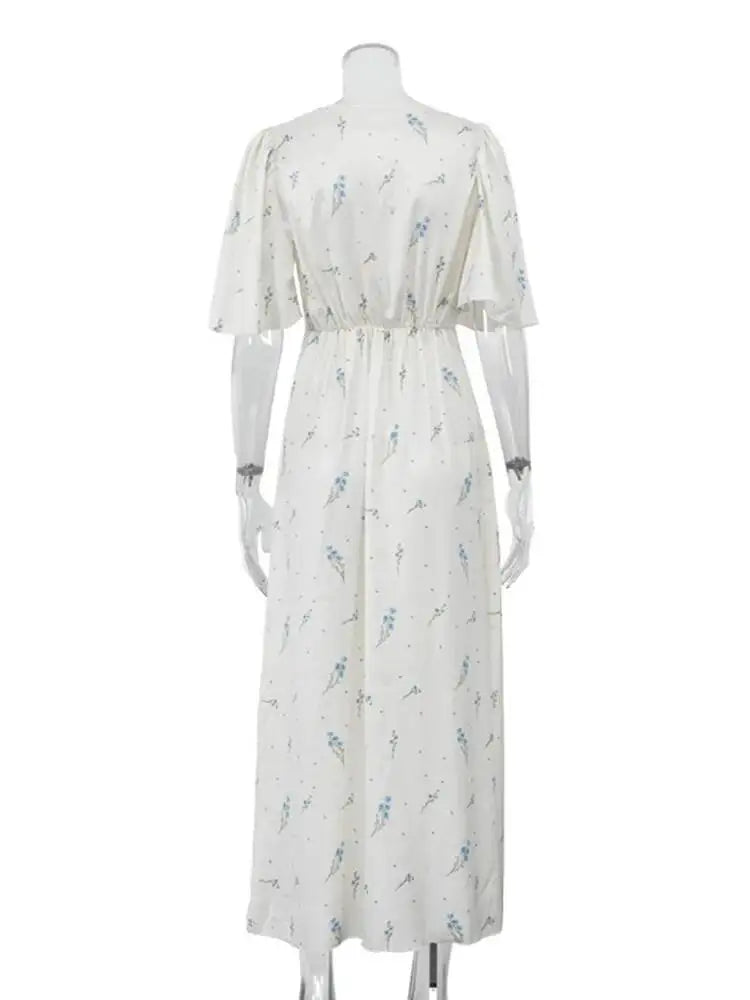 Sweet Printed Satin V-neck Short Sleeved Waist Cinched Dresses
