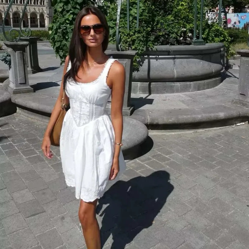 Sexy Lace Trim Embroidery White Tank Dresses