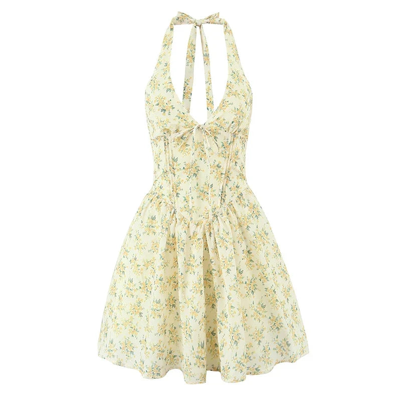 Yellow Floral Print Halter Mini Dresses Elegant A-line Summer Backless Dresses