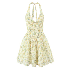 Yellow Floral Print Halter Mini Dresses Elegant A-line Summer Backless Dresses