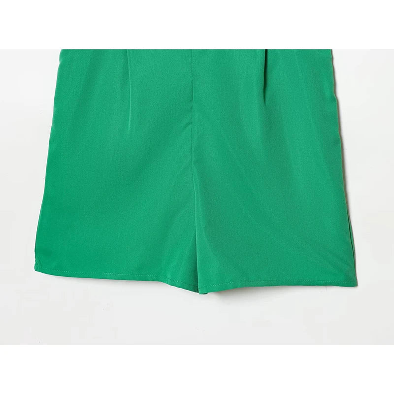 Ruffle V Neck Green Short Jumpsuit Holiday Casual Summer Romper