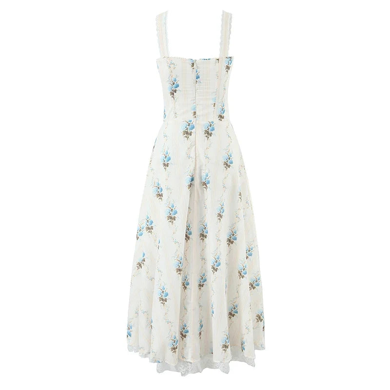 A-line Midi Elegant Party Dresses Sexy Wide Straps Lace Spliced Holiday Summer Floral Print Dresses
