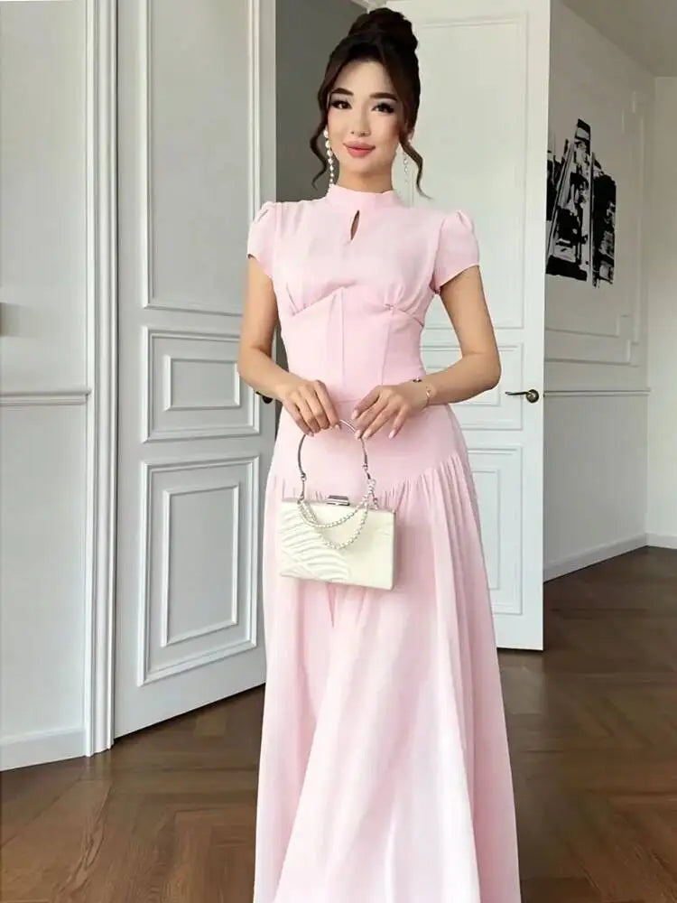 Autumn Stand Up Collar Short Sleeved Waist Cinching Patchwork Dresses