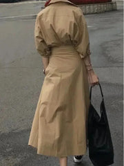 Retro Street Lapel Long Sleeve Shirts Dresses Autumn Slimming Waist Maxi Dresses 19DB2620
