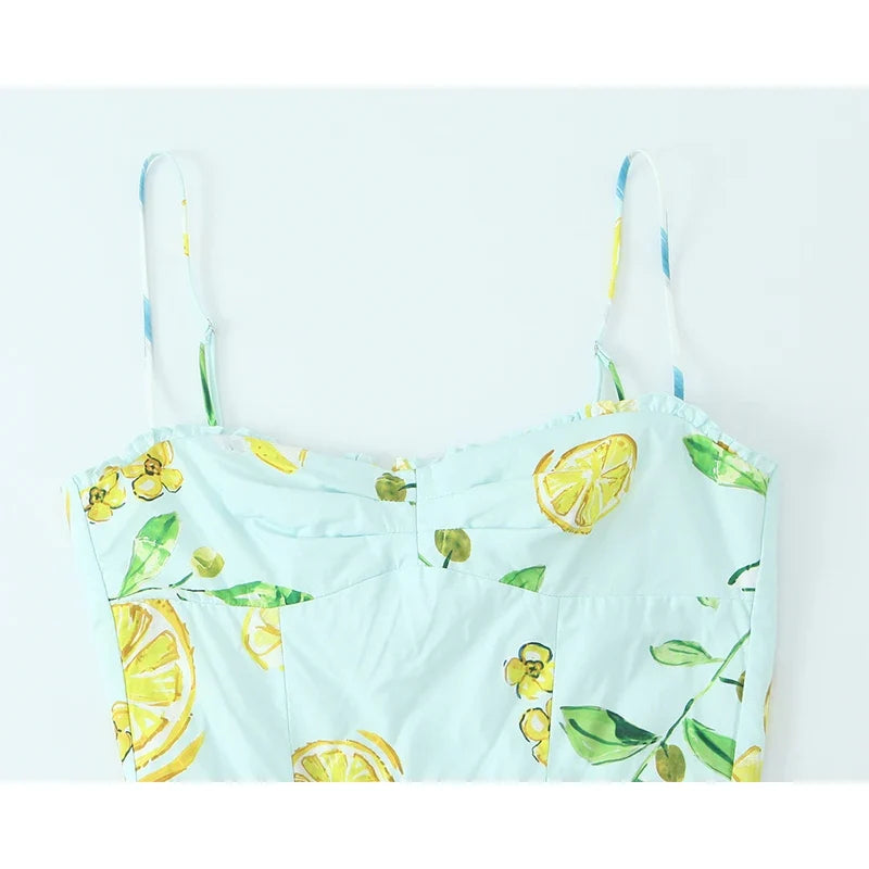 Sexy Adjustable Spaghetti Straps Lemon Print Summer Dresses