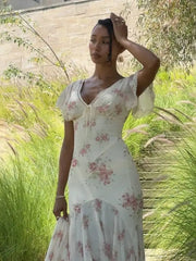 Retro Elegant Printed V-neck Short Sleeved Waist Long Dresses