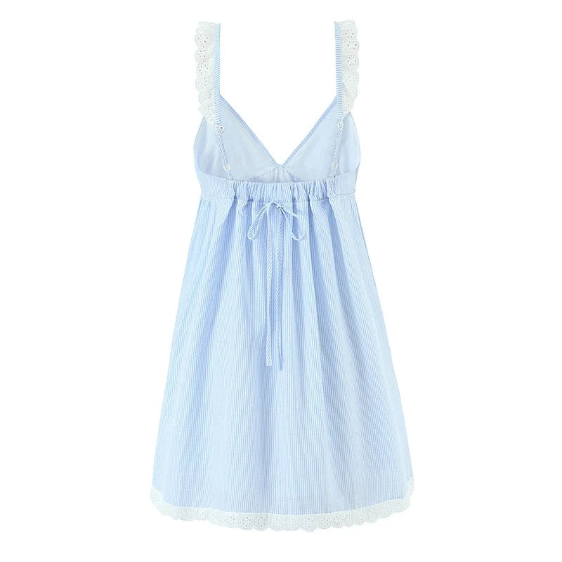 Sexy Spaghetti Straps Lace Spliced Blue Striped Dresses