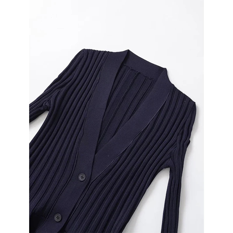Spring Front Button Bud Navy Blue Knit Mini Dresses Long Sleeve V Neck Chic Outfits