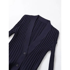 Spring Front Button Bud Navy Blue Knit Mini Dresses Long Sleeve V Neck Chic Outfits
