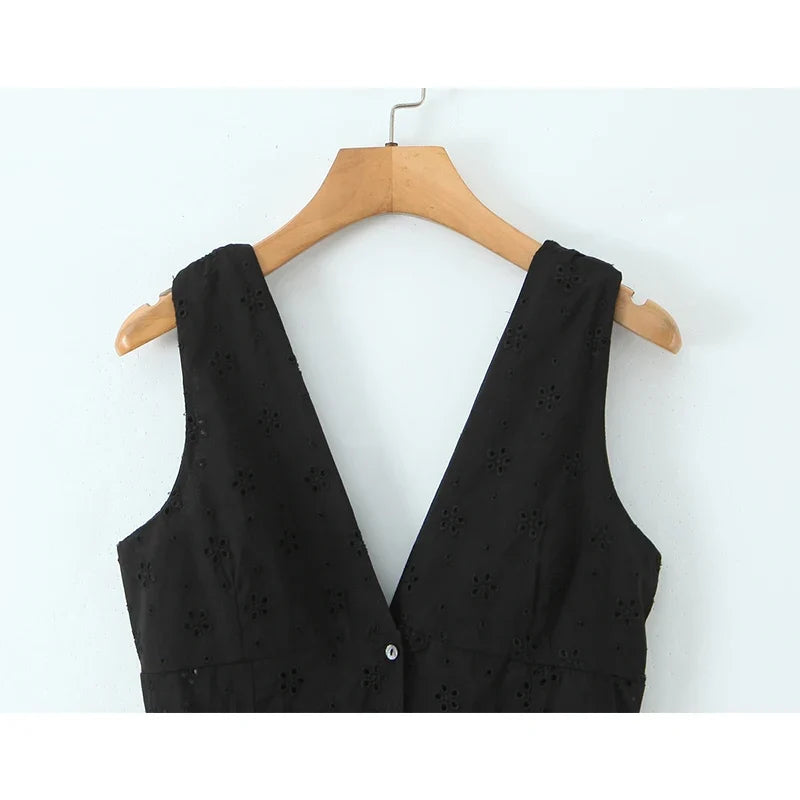Front Button Sleeveless V Neck Floral Embroidery Black Dresses