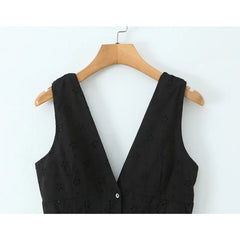 Front Button Sleeveless V Neck Floral Embroidery Black Dresses