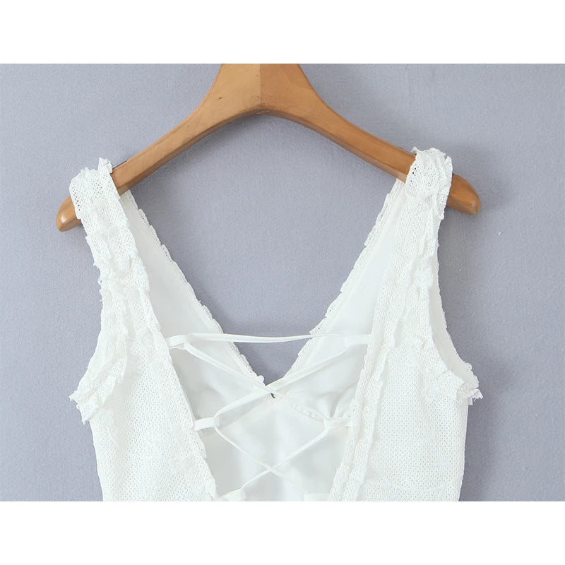 Floral Embroidery Mesh White Tank Dresses